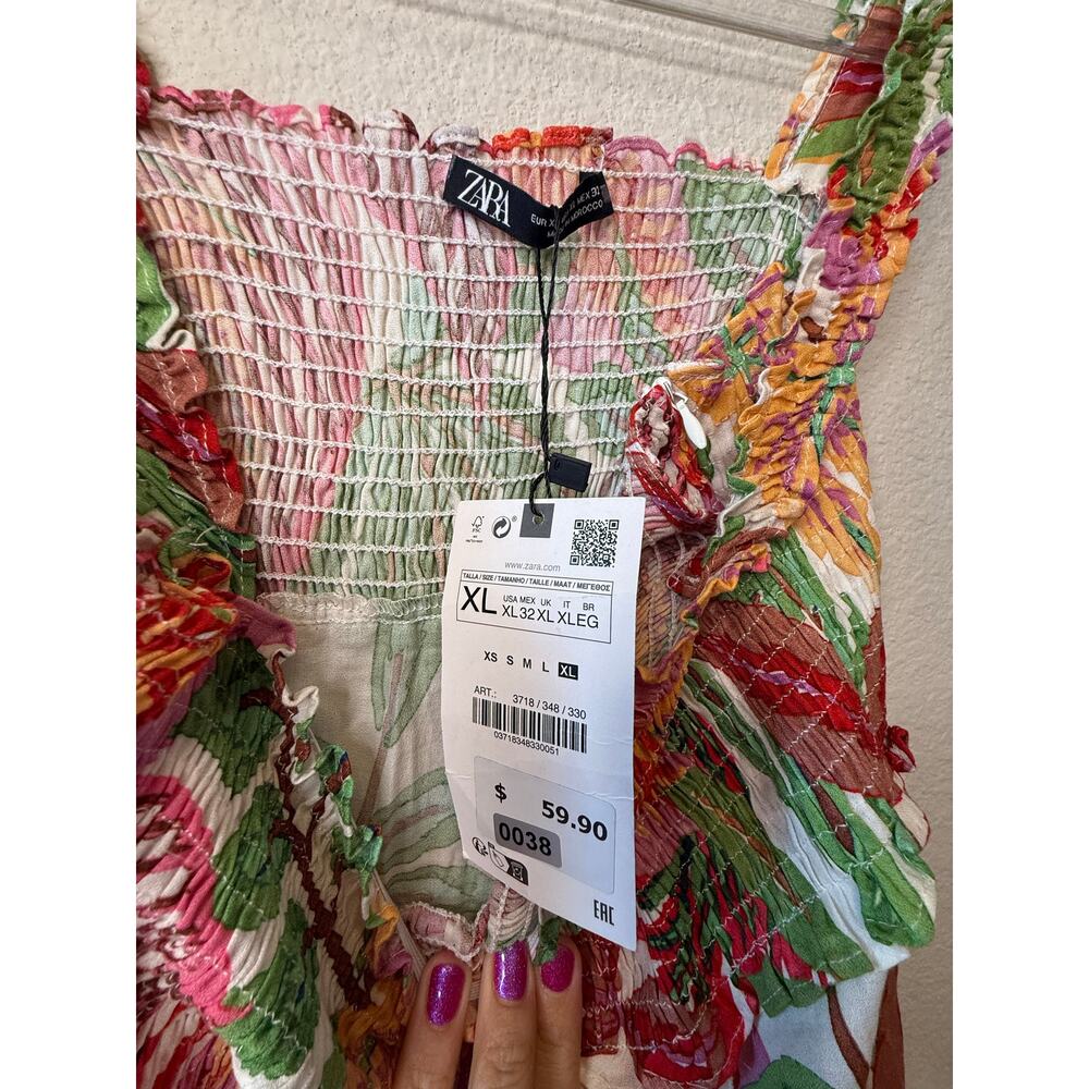 NWT Zara Tropical Ruffled Straps Smocked Midi Dress Multicolor Women's Size XL - Picture 5 of 5